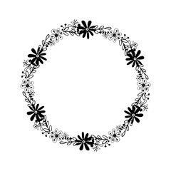 Hand drawn sketch wreath of flowers and leaves