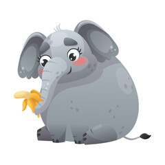 Grey Elephant with Trunk Eating Yellow Peeled Banana Vector Illustration