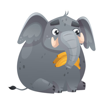 Grey Elephant with Trunk Sitting with Bunch of Bananas Vector Illustration