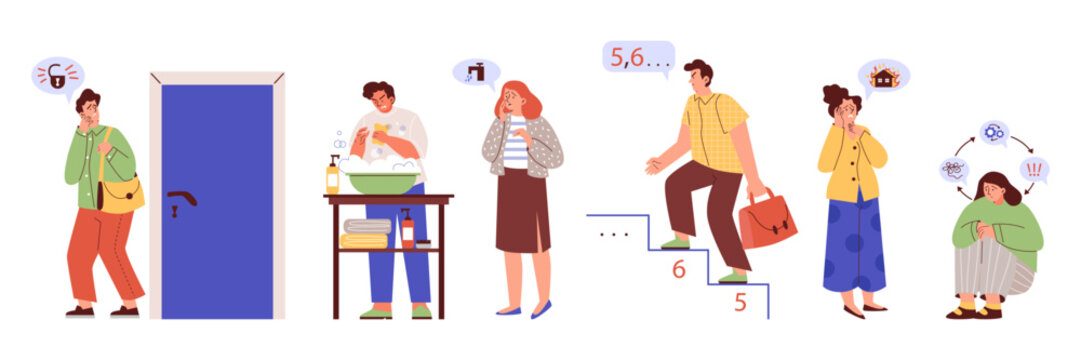 People with OCD having anxiety, cleaning and counting stairs - flat vector illustration isolated on white background.