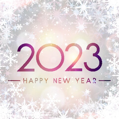 2023 happy new year sign on sweaty grass with snowflakes.