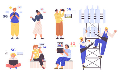 Set of people using 5G technologies flat style, vector illustration