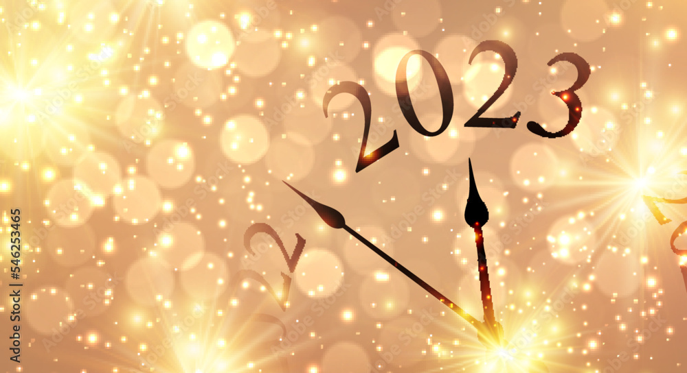 Poster new year clock showing 2023 with golden firework and bokeh lights.