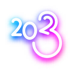 2023 blue and purple neon like sign on white background.