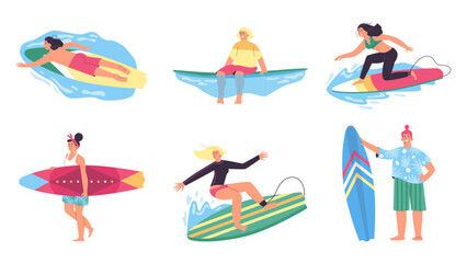 Surfers stand on a surfboard and ride a wave collection, flat vector isolated.