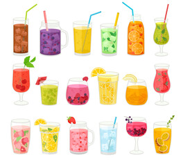 Summer Fruit Drinks and Lemonade as Refreshing Beverage in Glass with Straw Big Vector Set - obrazy, fototapety, plakaty