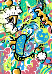 Abstract colorful illustration. Contemporary art. Doodle art. Digital graffiti. Cartoon. Soft, organic, carnal, food and viral forms. Chromosomes, viruses and bacteria. Street art aesthetic. Spray.