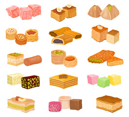 Eastern and Arabic Sweets with Famous Baklava and Rahat Lakoum Big Vector Set