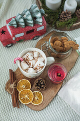 Hot cup of cocoa with marshmallows and gingerbread cookies. Christmas eco decorations. New Year. Winter holidays, gifts.
