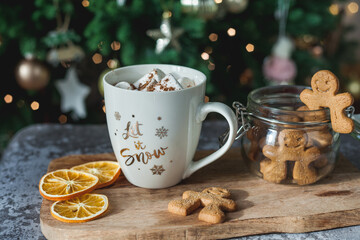 Hot cup of cocoa with marshmallows and gingerbread cookies. Christmas eco decorations. New Year....