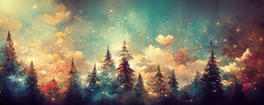 Christmas trees as panorama wallpaper illustration