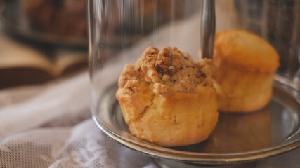 A close up of a scone in a bakery. Concept of winter, warm, vintage cafe, coffee shop or bakery sweet dough. Tasty scone.
