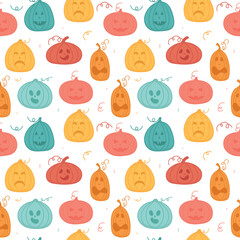Autumn seamless rainbow pattern with cute pumpkins, decoration details elements isolated