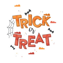 Happy halloween greeting cards lettering with trick or treat. Halloween greeting card calligraphy with clouds, spider web or bat. Hand drawn vector, creepy, spooky elements, sketch, icon.