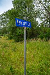Memory Lane (blue street sign with white text) trees and grass in background