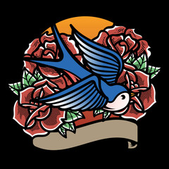 Traditional Tattoo With Bird And Roses Vector Illustration