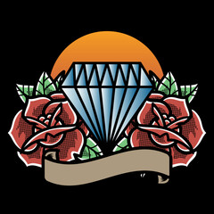 Traditional Tattoo With Diamond And Roses Vector Illustration