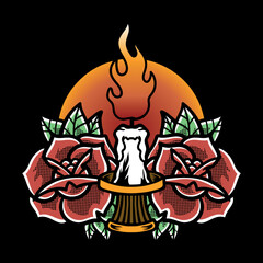 Traditional Tattoo With Roses and Candle Vector Illustration