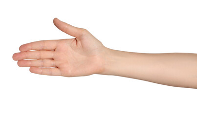 Woman holding out hand on white background, closeup