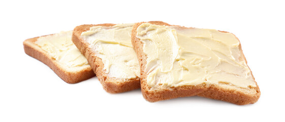 Tasty toasts with butter on white background