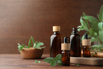 Bottles of essential oils and fresh herbs on wooden table, space for text