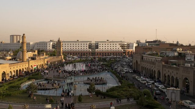 The central square by the market or Souq in central Erbil, Kurdistan Iraq at sunset