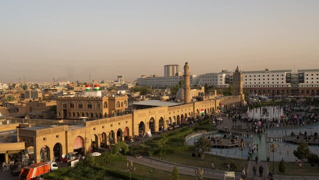The central market, Souq, square and mosque in Erbil Kurdistan Iraq at sunset