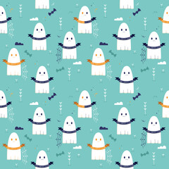 Blue ghost seamless pattern. Cute style background. Vector illustration.