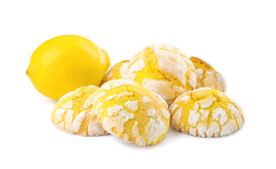 Tasty homemade lemon cookies and fresh fruit on white background