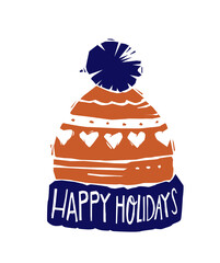 cap Lino cut Gravure for Christmas time. Gravure Winter Hut with greeting text. Warm clothes with hand lettering. Xmas postcard or poster