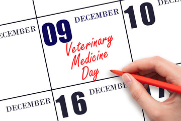 December 9th. Hand writing text Veterinary Medicine Day on calendar date. Save the date.