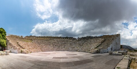 Segesta, Sicily, Italy - July 9, 2020: Ruins of the Greek Theater in Segesta, Sicily, Italy