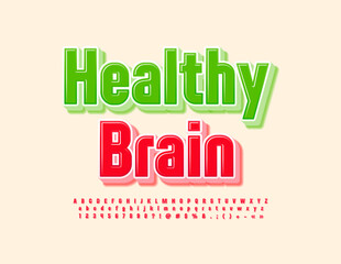 Vector concept emblem Healthy Brain. Red Alphabet Letters, numbers and Symbols set. 3D modern Font
