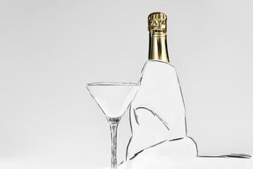 A glass and a bottle of champagne, prepared and served for a festive celebration. Sketch style drawing of a bottle of champagne and a wine glass with copy space for greeting text.