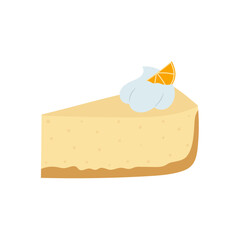 Cheesecake slice with whipped cream and lemon slice. Milk dessert in cartoon flat style. Isolated vector illustration