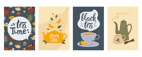 Set of posters with cups and teapots and hand drawn lettering texts. Template for poster, banner, card, flyer