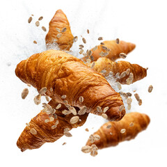 Freshly baked croissant flying in air on blue background