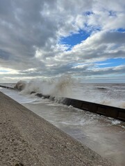 Huge waves crashing over the sea wall. Taken in Blackpool Lancashire England. 
