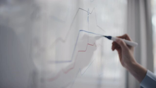 Selective focus close-up of unrecognizable financial specialist or analyst drawing graph on whiteboard