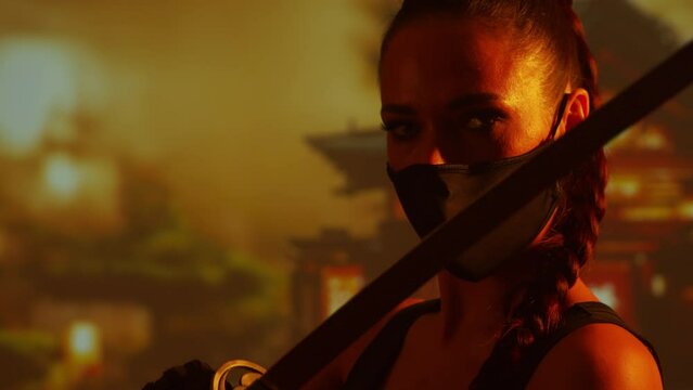 Beautiful ninja girl in a mask and with a katana. Samurai woman on the background of a traditional Japanese temple.