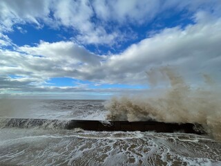 Huge waves crashing over the sea wall. Taken in Blackpool Lancashire England. 