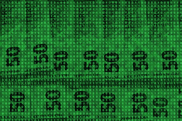 binary code grid from bright green numbers on the background of euro banknotes, ecommerce concept