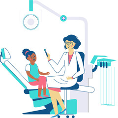 The doctor examines the child's teeth in the dental office. Dentistry, oral hygiene and the vector concept of den Illustration of medical workers and patients. Hospitals, doctors, patients, reception.