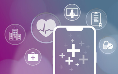 digitalization of the health system, smartphone and background with medical icons, healthcare, health, Online video consultations, medicaments, doctor, checkup, online
