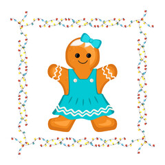 Gingerbread man, decoration for new year, Christmas and holidays in frame of garland with light bulbs. Vector flat illustration