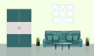 Modern living room interior design with realistic design
