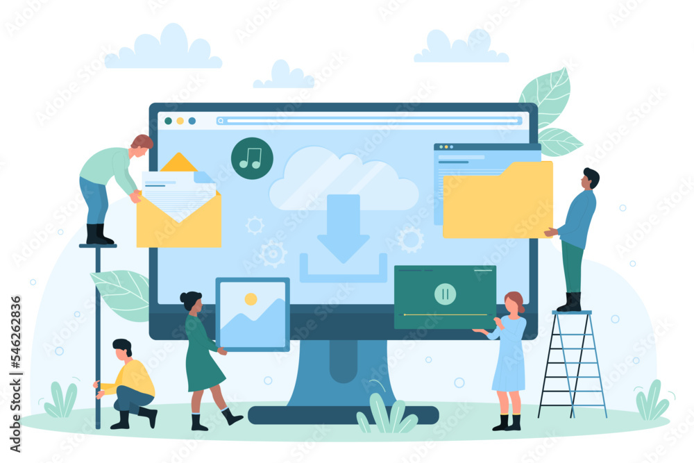 Poster free download multimedia files and documents vector illustration. cartoon tiny people upload video a