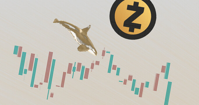 November 11th 2022, London UK. An import move of Zcash (ZEC) coin is analyzed. Illustration of a whale diving into a exchange graph to invest