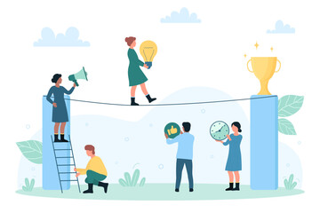 Risky difficult challenge and achievement, crisis management vector illustration. Cartoon tiny woman walking on balance tightrope to golden cup, talent employee leader carrying light bulb with risk