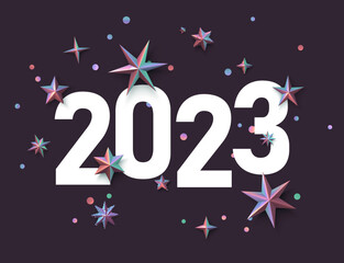 2023 sign with metallic scattered stars confetti.